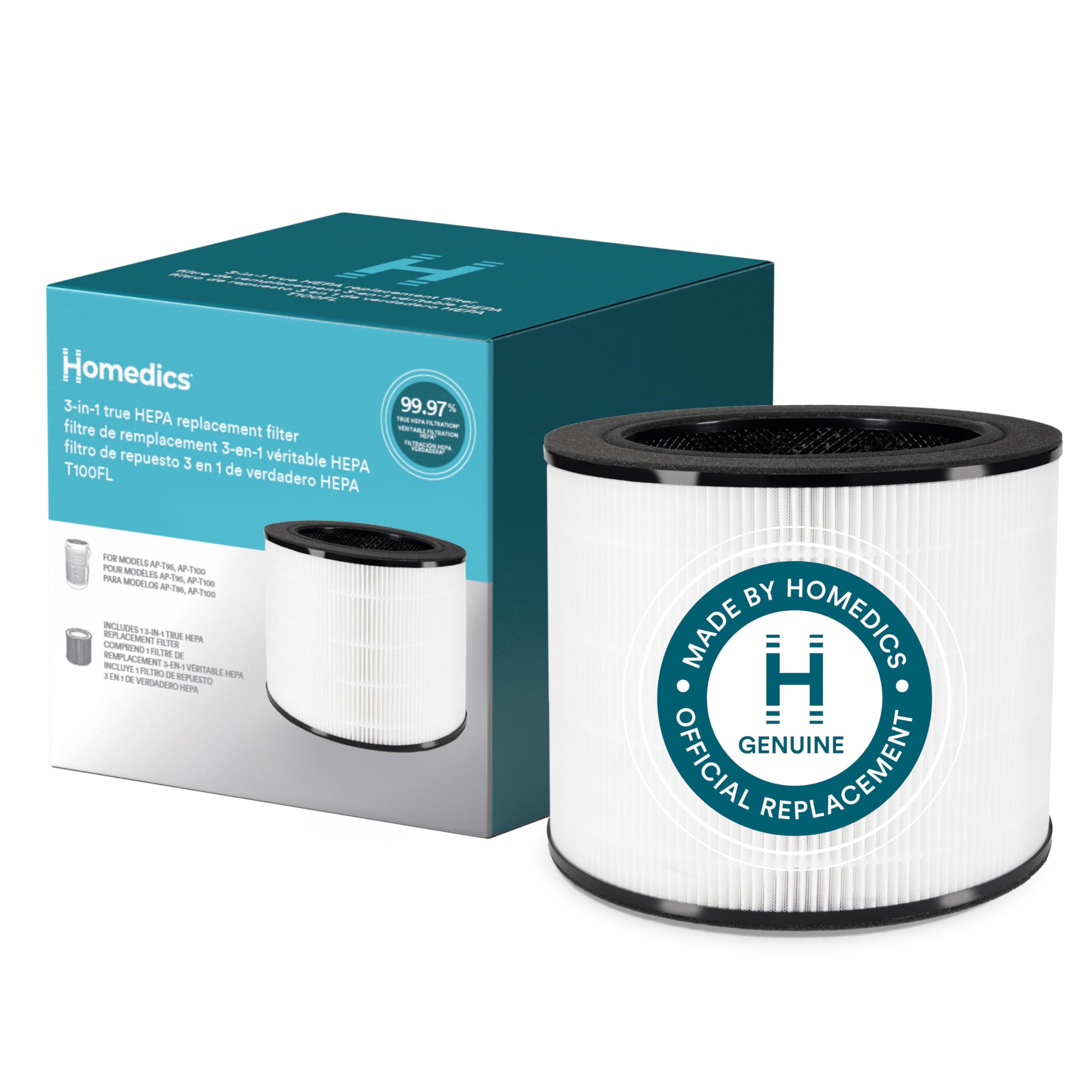 Homedics 3-in-1 True HEPA Replacement Filter, Air Purifier Filter, Activated Carbon Filter, Dust Remover, Air Cleaner, Remove Household Odors, Remove Pet Odors