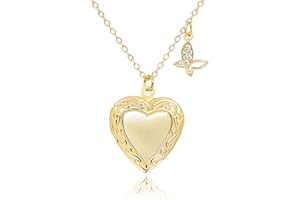 MUSEQVE Heart Locket and Butterfly Pendant Necklace for Women Girls • 14K Gold Plated Photo Lockets that Hold Picture Jewelry • Mothers Day Love Gifts Ideas [HN-LK]