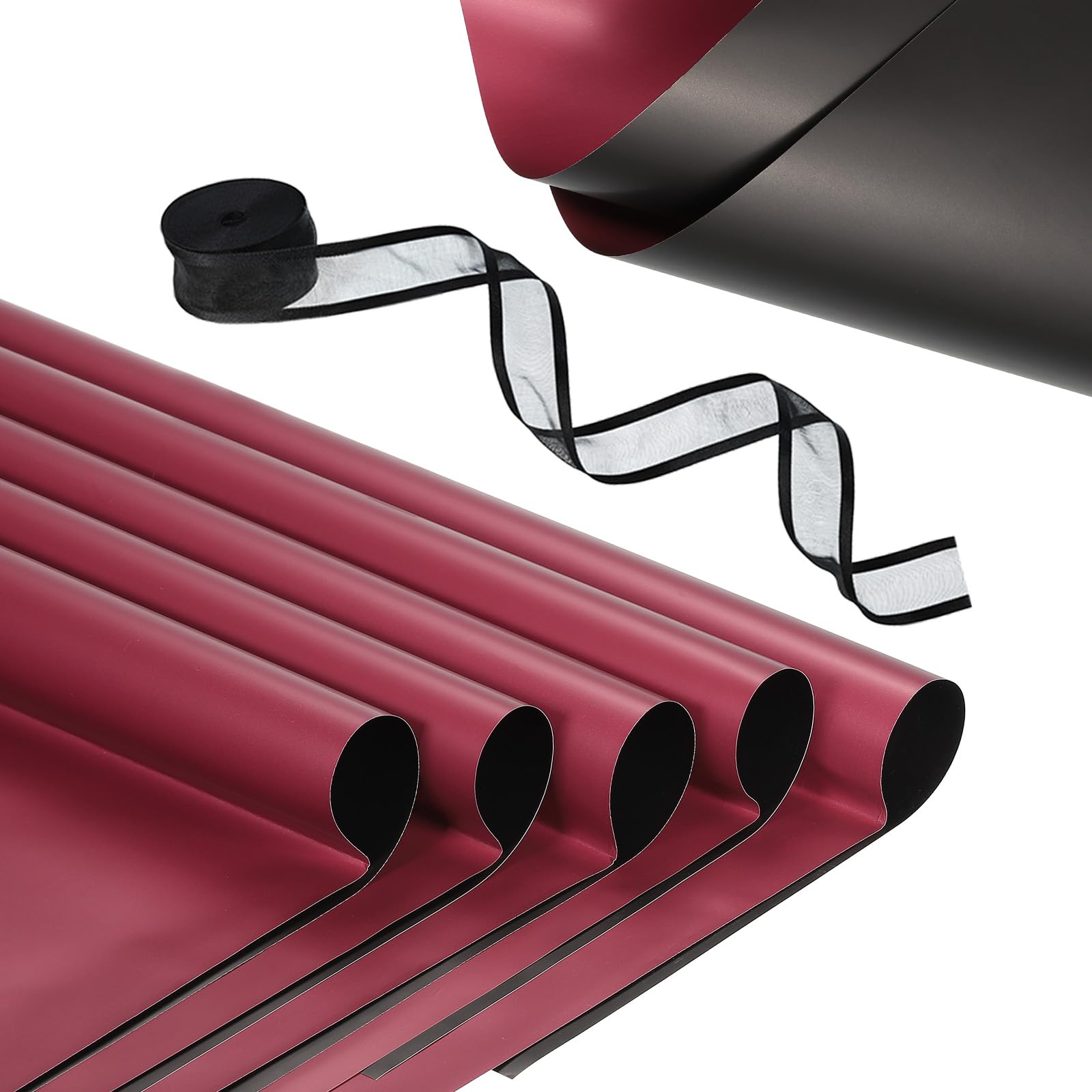 PATIKIL 20 Sheets Flower Wrapping Paper, Waterproof Flower Paper Wraps with Ribbon Floral Bouquet Supplies for DIY Crafts Packaging Bouquet, 22.8x22.8 Inch, Burgundy/Black