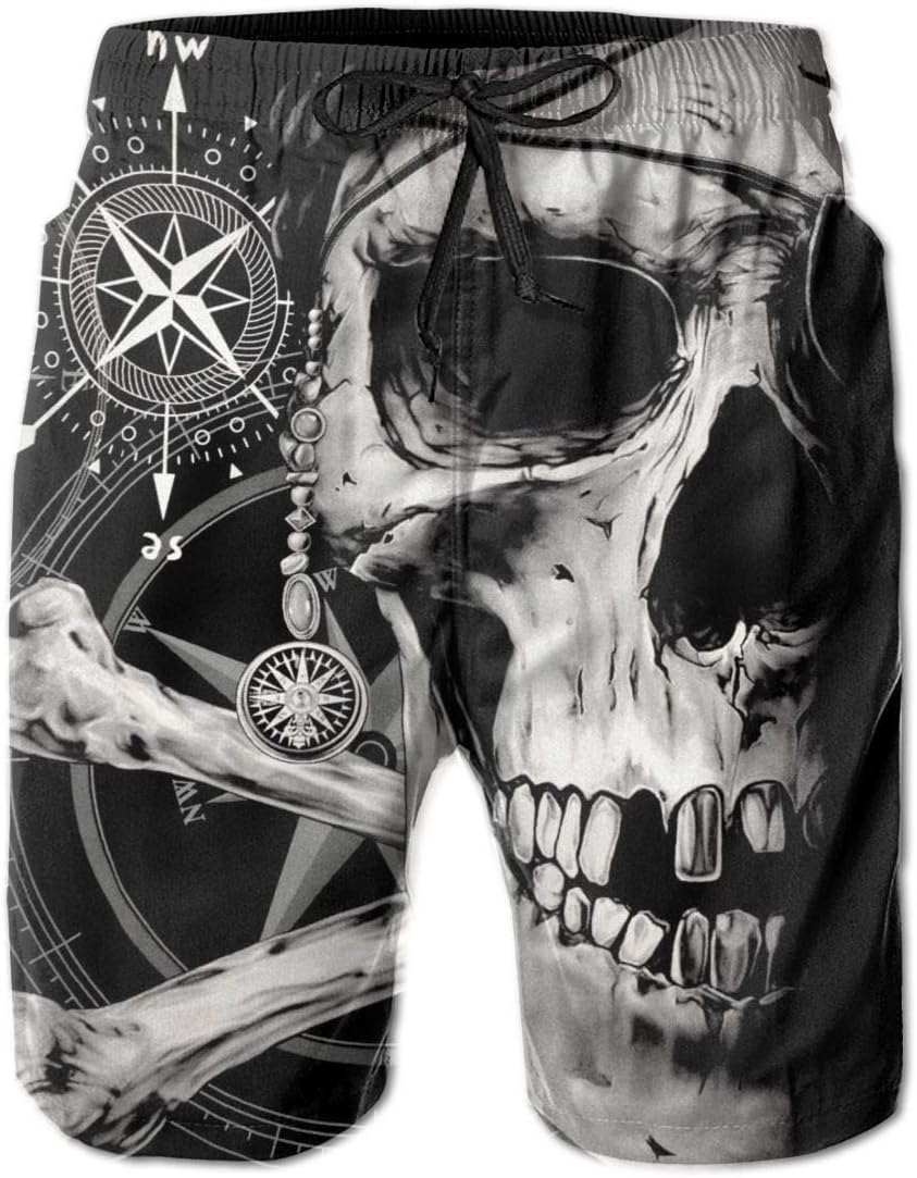 Men's Boy's Casual Novelty Beach Shorts Swim Trunk Retro Swimming Trunks Pirate and Skull Compass