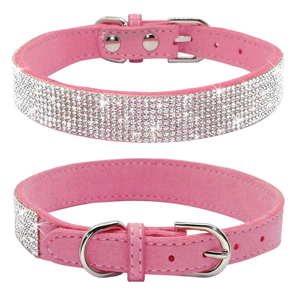 Haoyueer Rhinestone Dog Collar, Cute Dazzling Sparkling Soft Suede Leather Dog Cat Rhinestone Collar Crystal Diamond Pet Dog Puppy Collar (S, Pink)