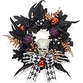 Adeeing Halloween Wreath for Front Door Halloween Skeleton Decorations, 20 Inch Pumpkin Wreath with Skull Black Roses Maple Leaves for Window Indoor Outside Home Party Decor