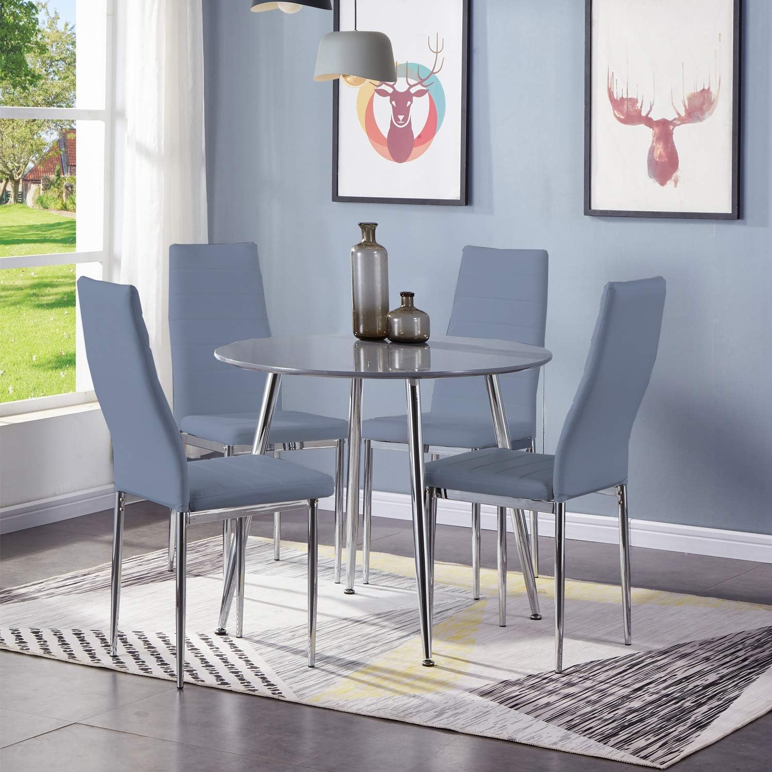 GOLDFAN Round Dining Table and Chairs Set 4 High Gloss Kitchen Table