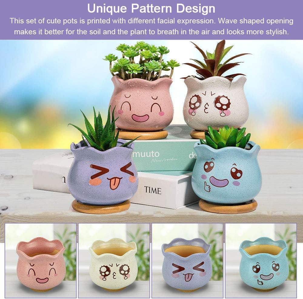 EMAGEREN 4 Pcs Ceramic Succulent Planter Pot Mini Cactus Plant Pot Flower Pot Container Small Succulent Plant Pot Emoticons Pattern Bonsai Planters with Bamboo Tray for Home Office Table Desk Decor - Image 5