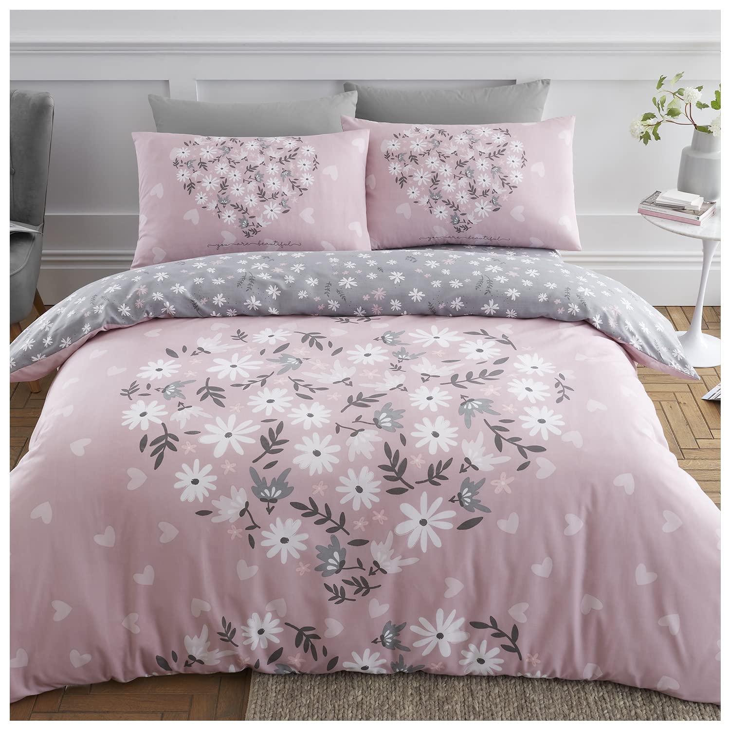 GC GAVENO CAVAILIA Premium Floral Duvet Covers, Extra Soft Heart Bedding, Washable Comforter Bed Set, Double, Blush Pink