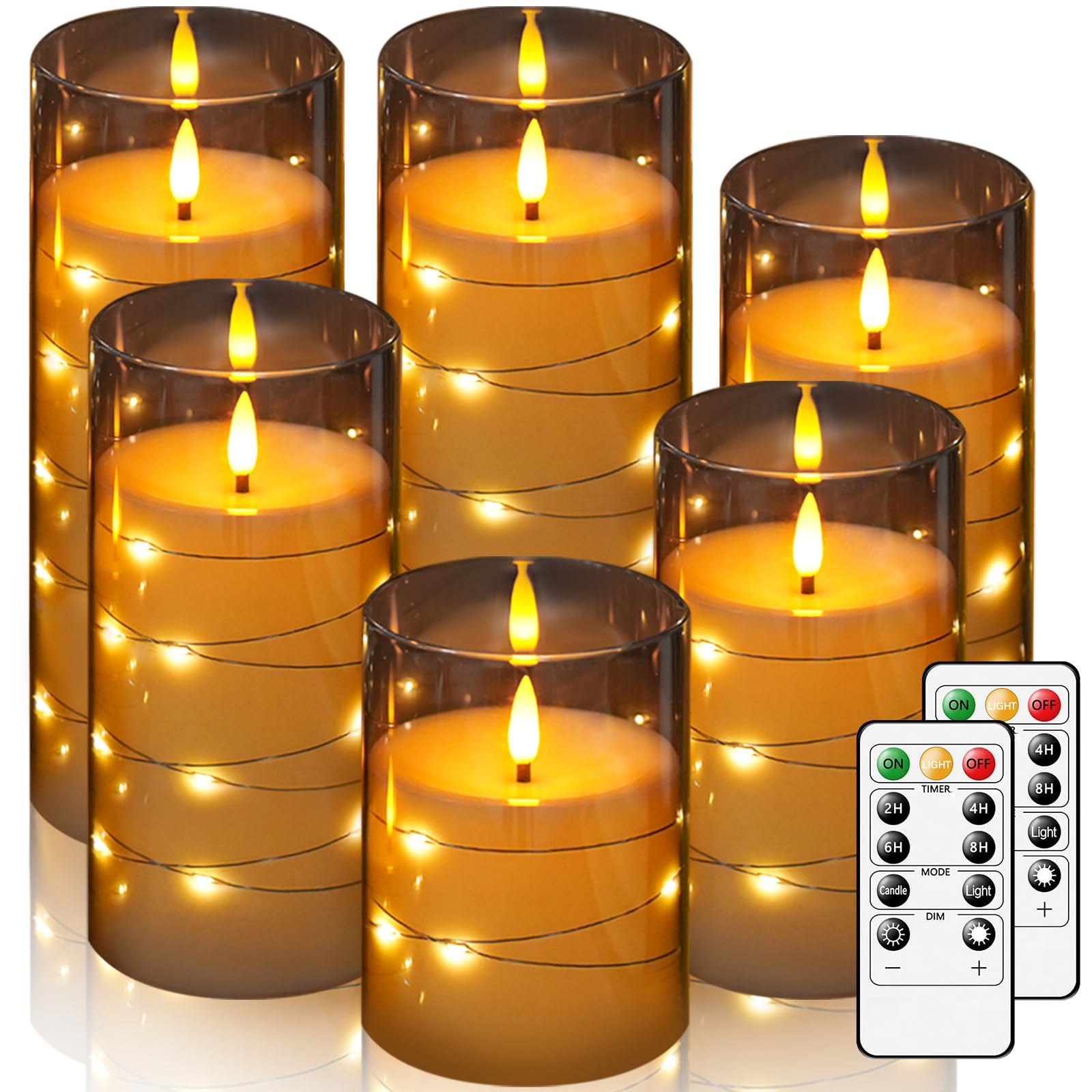 Photo 1 of Fo32won Flameless Candles with Remote Timer, 6 Pack Grey LED Pillar Candles with Fairy String Lights, Flickering Battery Operated Candles Ambiance Lighting for Fall Home Decor
