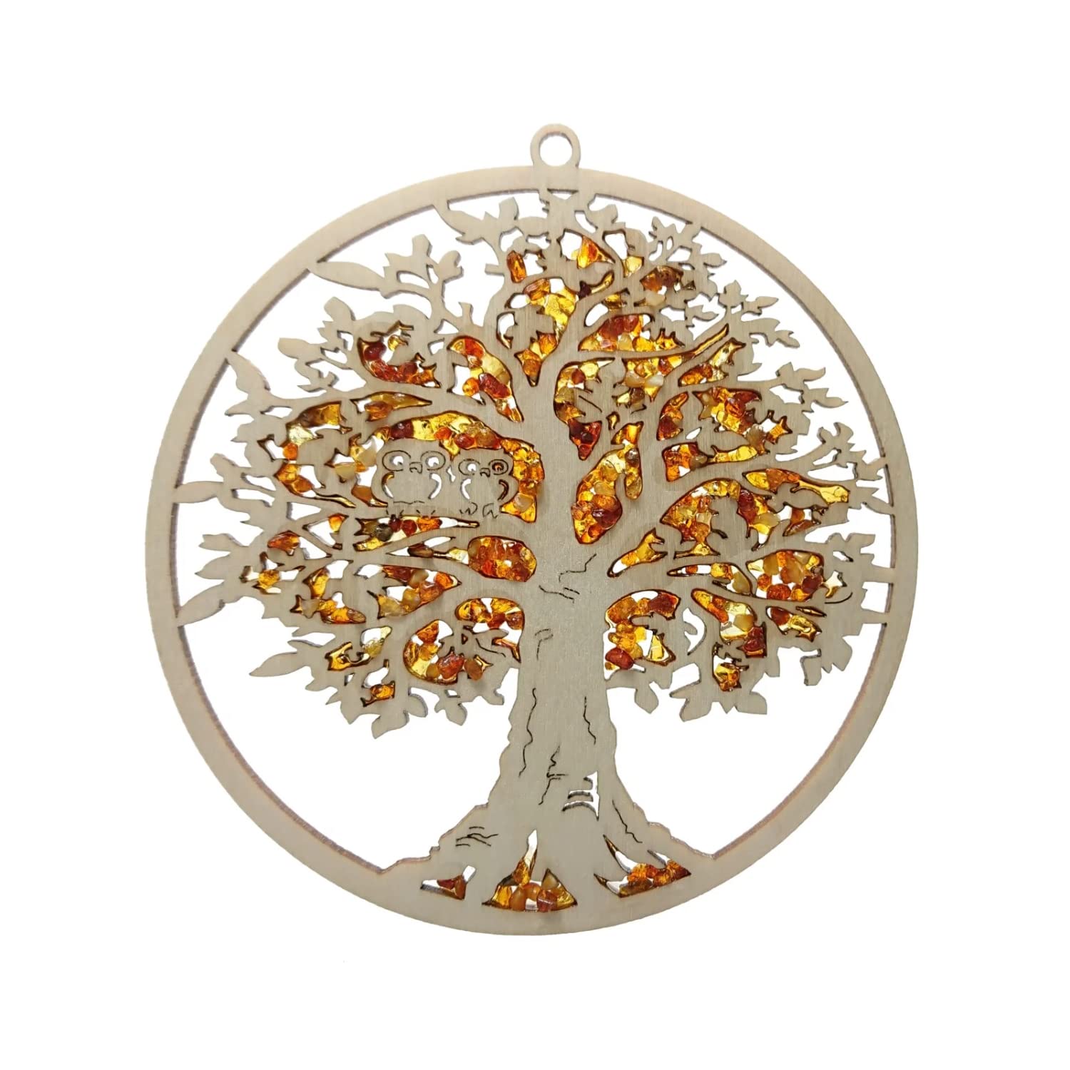 Window Decoration Suncatcher Amber in Birch Wood Tree with Owls Diameter 11 cm Includes Gift Box