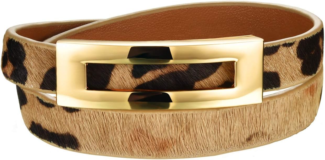 bigsoho Black/Brown/Leopard Print Leather Adjustable Wrap Bangle Belt Style w/Golden Alloy Frame Women Bracelet 6.29"-7.08"
