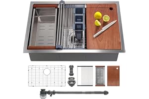 SANYCASA 27 Inch Undermount Kitchen Sink with Quiet Drain - 11 Gauge Stainless Steel, Single Bowl - Multifunctional Handmade Modern Integrated Ledge Workstation Set -