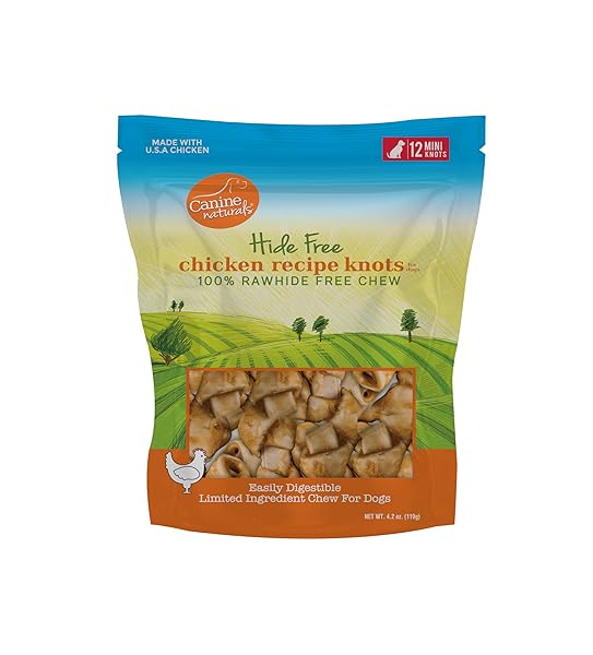 CANINE NATURALS CHICKEN RECIPE CHEW – RAWHIDE FREE DOG TREATS – MADE FROM USA RAISED CHICKEN – ALL-NATURAL AND EASILY DIGESTIBLE – 12 PACK OF MINI KNOTS FOR DOGS 5-20LB