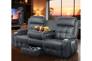 TOMOSLTER 3-Seater Loveseat Recliner Sofa for RV & Home Theater, Wall Hugger Reclining Couch with Flip-Down Table, Massage Function, Drawer Storage, Cup Holders & 150° Manual Recline Sleeper