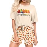 Ithalt Halloween Pajamas Women Pumpkin Short Sleeve Tops and Shorts Pjs Set Fall Sleepwear Spooky Pajamas