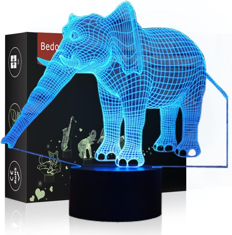 HeXie LED Night Lights 3D Illusion Bedside Table Lamp 7 Colours Changing Sleeping Lighting with Smart Touch Button Cute Gift Warming Present Creative Decoration Ideal Art and Crafts (Elephant)