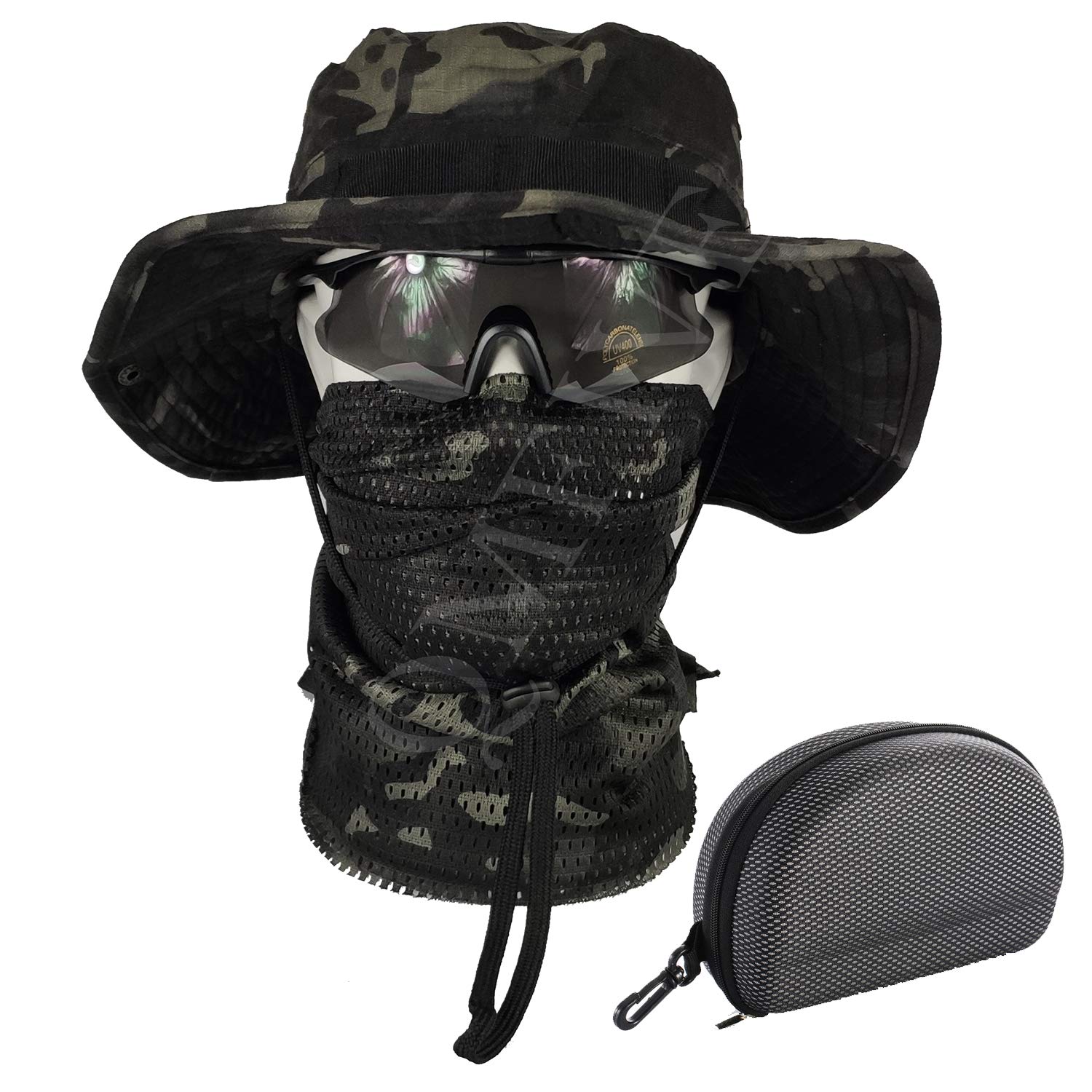 QMFIVE Tactical Boonie Hat UV100 Camouflage Scarf, Unisex Rounded Hat Fisherman (Black camo)