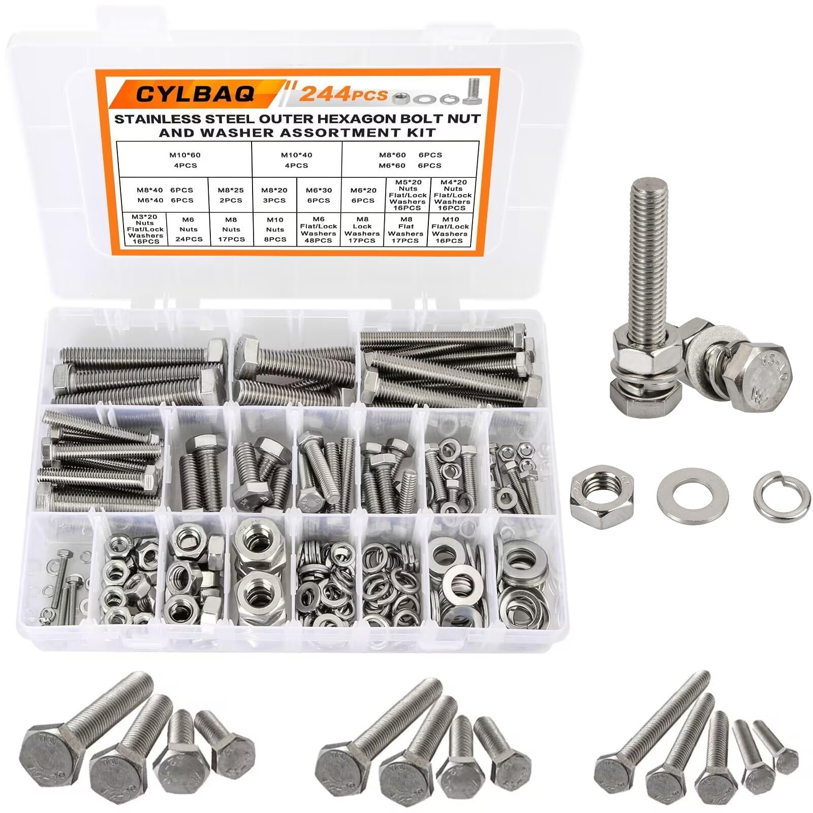 Hex Bolts and Nuts Set, CYLBAQ M3 M4 M5 M6 M8 M10 Nut and Bolt Assortment Kit, 244PCS 304 Stainless Steel Outer Hexagon Bolts Machine Screws and Nuts and Flat Washers & Lock Washers — image 1