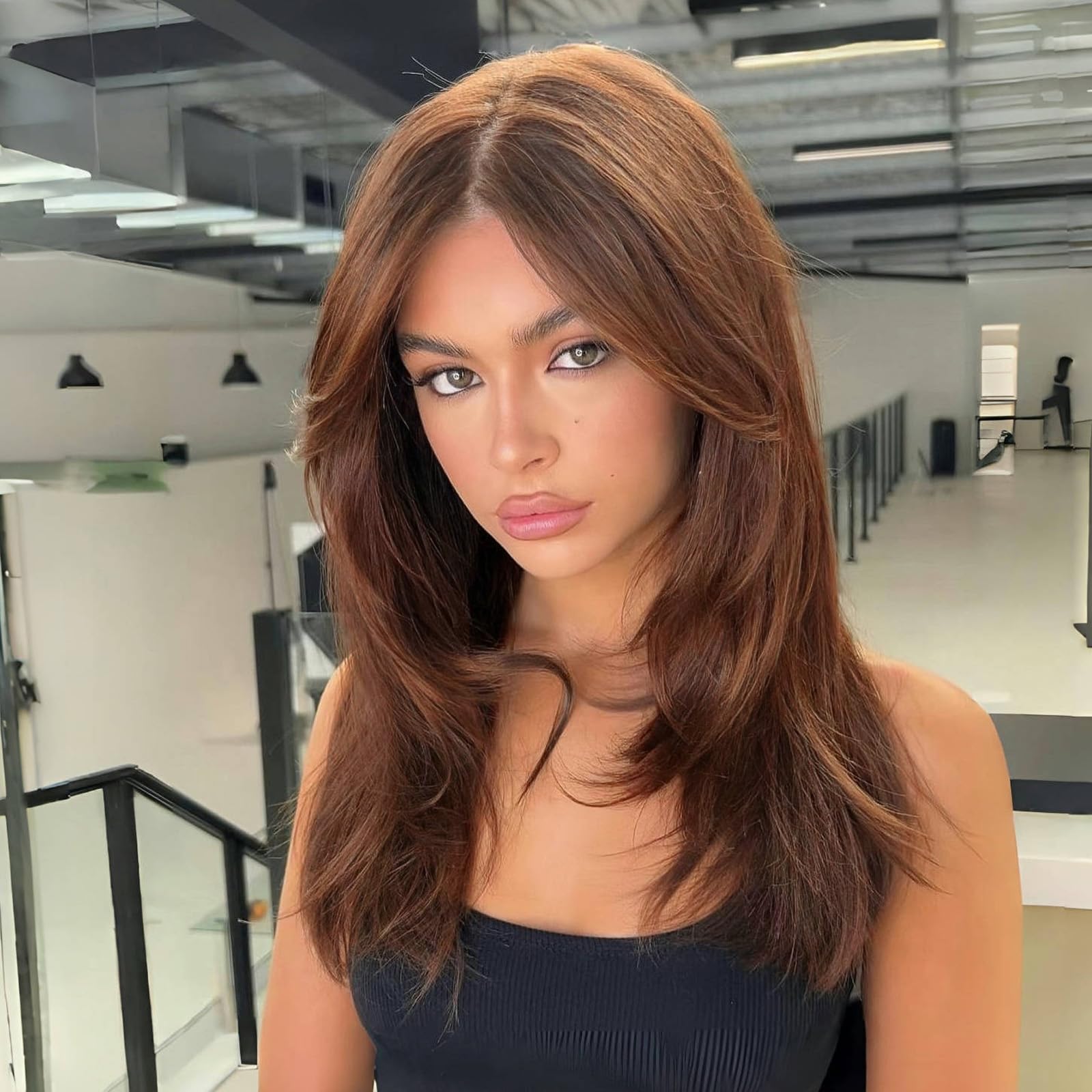 WOKESTAR Long Straight Wigs for Women with Curtain Fringe, Layered Synthetic Color Hair(Deep Chestnut Brown) — image 1