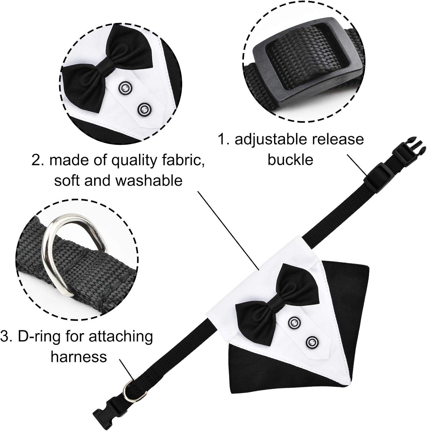 WANDIC Formal Dog Tux Collar - Adjustable Bandana with D Ring for Large Dogs, White,Black - Image 4