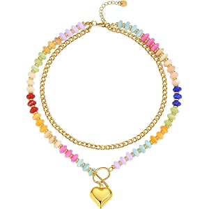 Abiotp Colorful Beaded Layered Necklaces for Women Multicolor Acrylic Beaded Choker With Guba Chian Stack Cute 18k Gold Plate