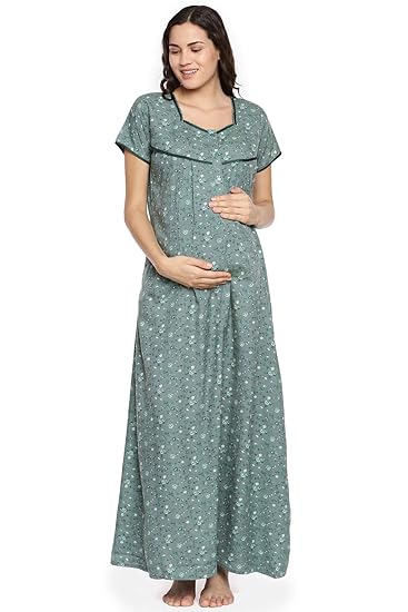 Womens Royal Green Printed Maternity Nightdress