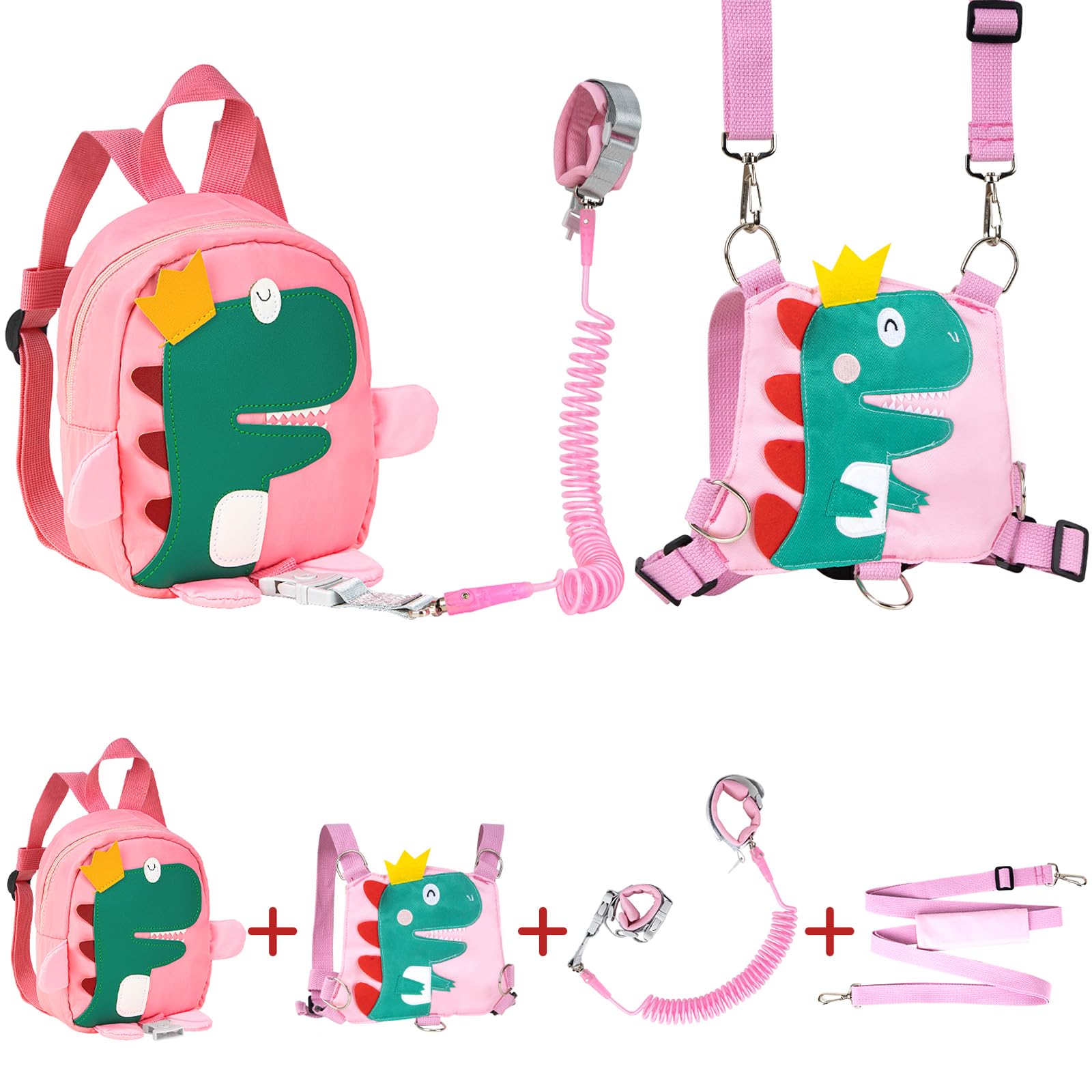 Funsland Baby Safety Harnesses, 4 in 1 Baby Walking Harness, 360°Rotate Anti Lost Wrist Link Belt, Dinosaur Toddler Backpack with Reins, Safety Leash for Kids Walking and Travel Outside, Pink