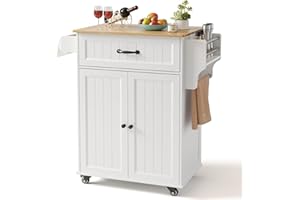 Gizoon Kitchen Island Cart with Adjustable Shelf, 33" W Mobile Trolley Cart on Metal Wheels with Drawer & Storage Cabinet, Spice Rack & Towel Rack, for Dining Room, Bar, White, Tabletop-Oak Color