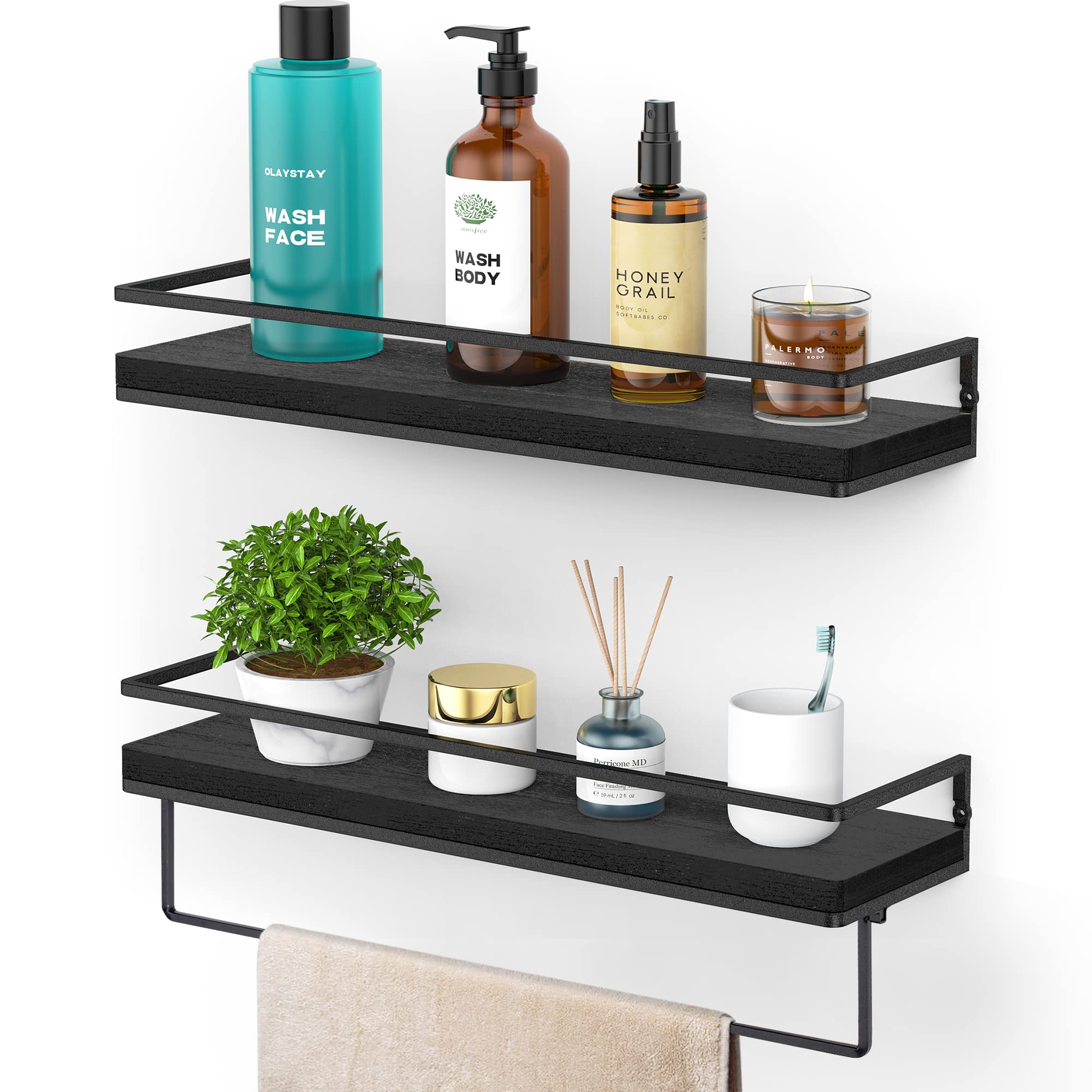 Photo 1 of Meangood Floating Shelves Wall Mounted Wall Shelf with Towel Bar Rustic Wood Wall Storage Shelves for Bedroom,Living Room,Bathroom, Kitchen Black. SEEM LIKE THERE IS ONLY ONE SHELF IN THE BOX
