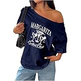 SHENHE Women's Oversized Off The Shoulder Graphic T Shirt Short Sleeve Casual Vintage Tee Top