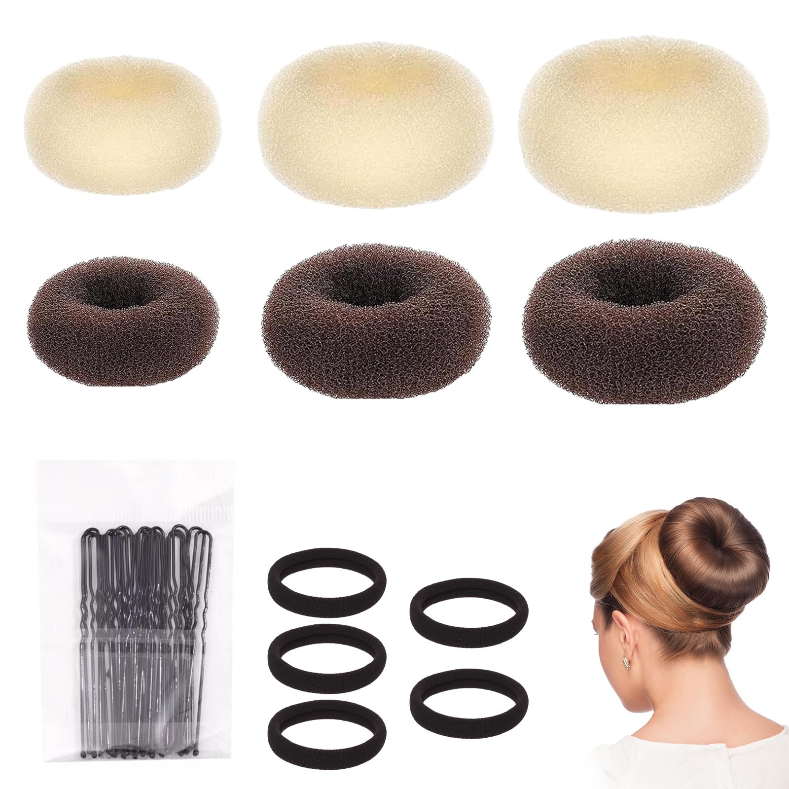 6 PCS Hair Bun Donut,Hair Donuts for Buns,3 Sizes of Hair Doughnuts for Buns,with 20 PCS Hair Pins and 5 Hair Ropes,for Dancers Ballet Girls (Dark Brown+Beige)