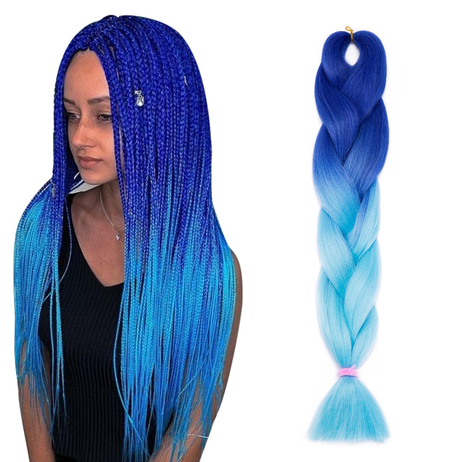 Two Tones Women 24inch Jumbo Braids Hair Afro Crochet Twist Braiding Bulk Hair Style 1 Bundle/100g Fiber Hair Extensions - Dark Blue to Light Blue