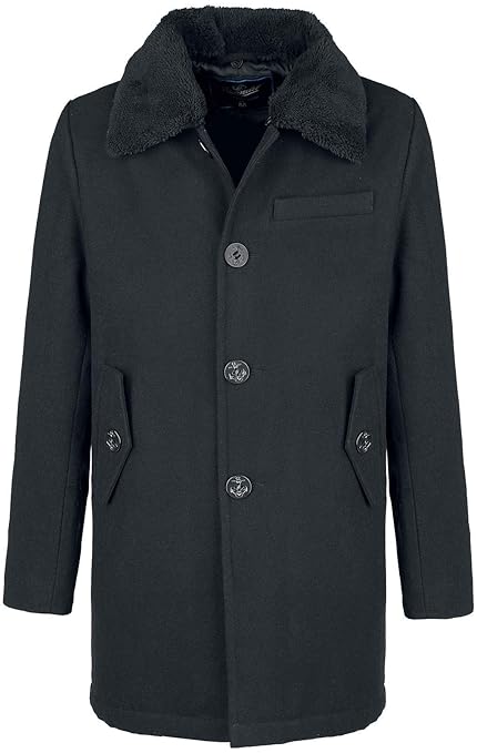 Brandit PEA Coat Manhattan mit Fellkragen Wollmantel schwarz