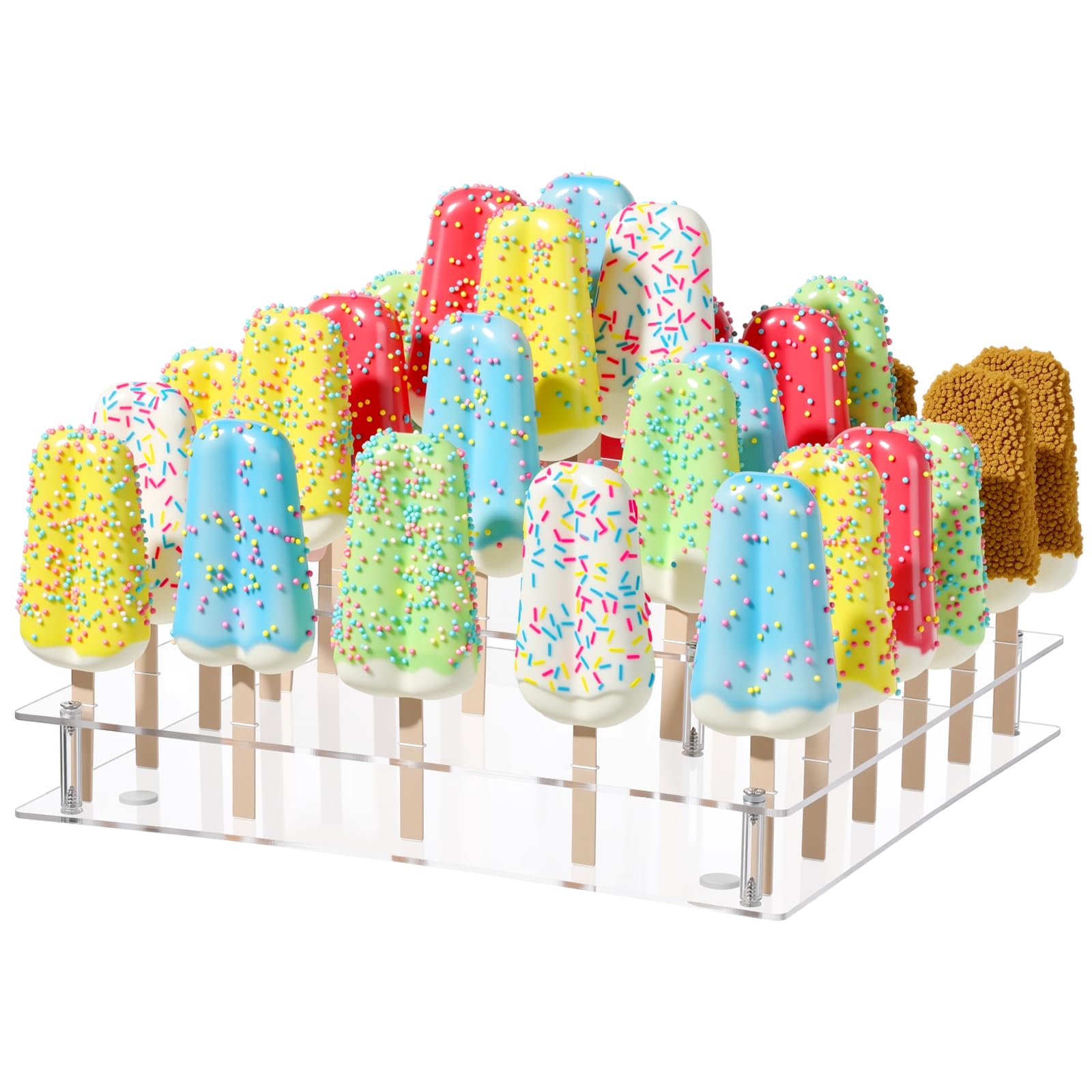 Photo 1 of Gejoy Cakesicle Stand 3 Tiers Display Acrylic Ice Pop Stand Reusable Lollipop Holder with 50 Wood Ice Cream Sticks Phillips Screwdriver for Dessert Table Birthday Wedding Baby Shower Parties