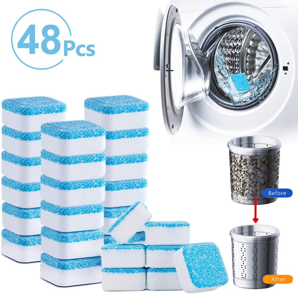 TeeBetter Solid Washing Machine Cleaning Tablets Washer Cleaner Effervescent Tablets for Front & Top Loader Deep Cleaning Remover for Home Bath Room Kitchen (48 PCS)