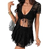 Vrtige Women's Two Piece Outfits Floral Lace Tie Short Sleeve Crop Top Mini Skirt Sexy Set