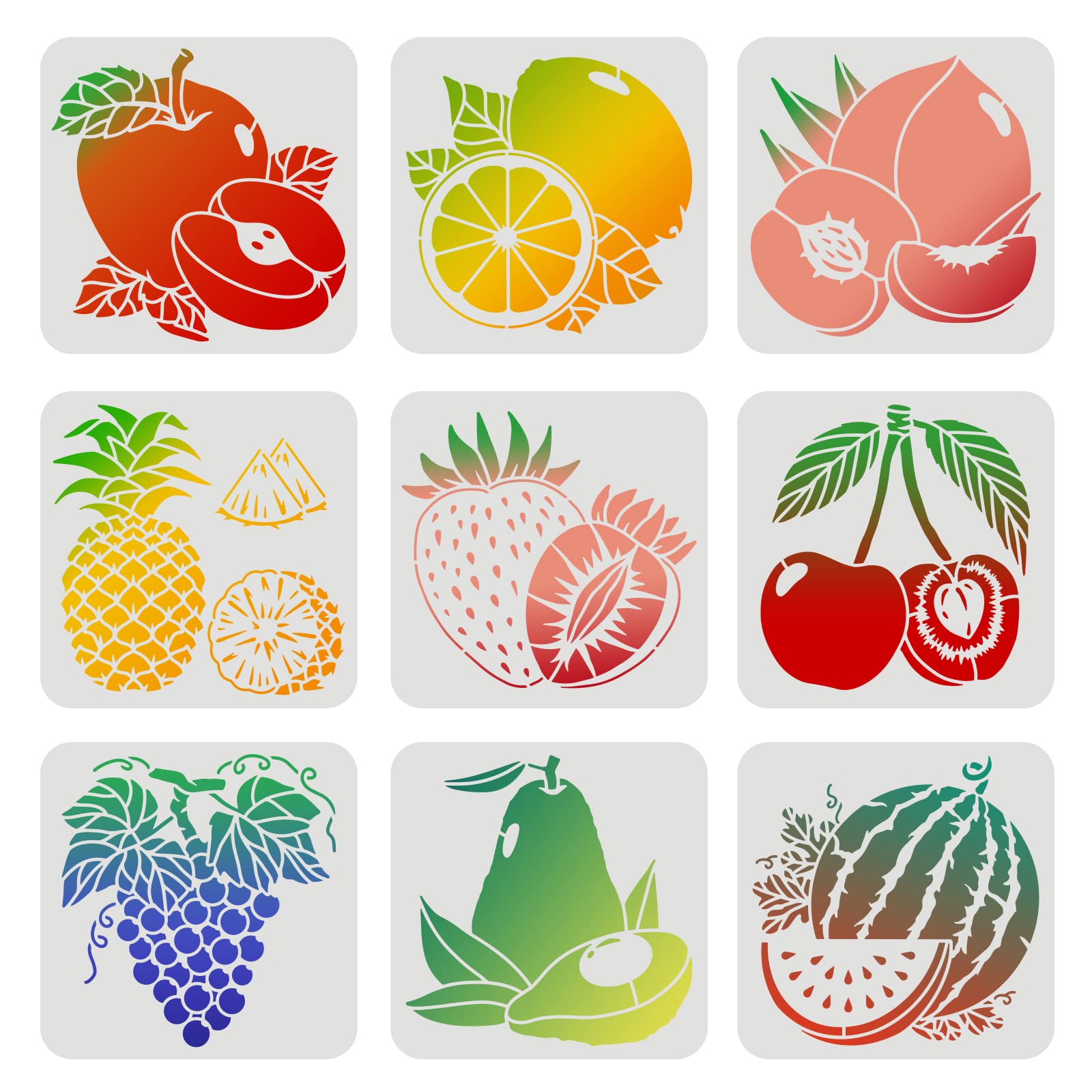 FINGERINSPIRE 9Pcs Fruits Stencils 20x20cm Plastic Pineapple Lemon Watermelon Stencils Peach Pear Cherry Strawberry Grape Reusable Stencil for Painting on Wood, Floor, Wall and Tile