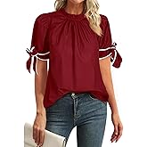 Cicy Bell Womens Summer Bow Puff Sleeve Blouse Dressy Casual Pleated Cotton Tops Mock Neck Loose Fit Shirts