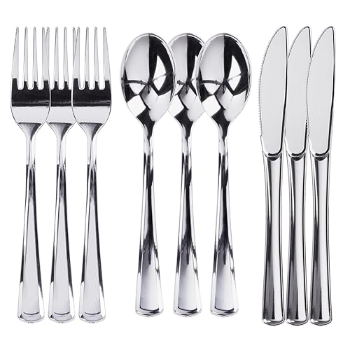 300 Plastic Silverware Set, Silver Plastic Cutlery Set, Disposable