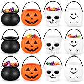 Cabilock 12 Pack Mini Halloween Candy Buckets, Pumpkin Ghost Witch Skull | Mini Pumpkin Buckets and Party Favor Containers with Four Assorted Designs for Treat Tables, Crafts and Halloween Decor