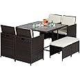 Outdoor Patio Furniture Set 9 Pieces Patio Dining Sets Space Saving Wicker Furniture with 4 Rattan Chairs 4 Ottomans and Glass Table for Outdoor Backyard Porch Poolside Balcony,Khaki Cushion