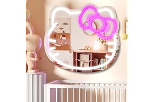MCJSGSP Anime Hello Kit Cat Neon Sign Mirror L16.1 W14 Vanity Mirror with Lights Bedroom Wall Mirror for Pink Room Decor and a Makeup Mirror with Lights Teen Girl Gifts