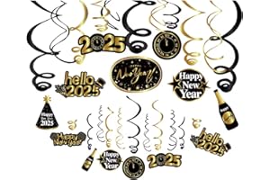 Kristin Paradise 30Ct Happy New Years Eve Hanging Swirl Decorations, 2025 NYE Glitter Gold Black Decor, NY Theme Party Supplies Pack, Eve-Nye Party Favors for Adult, Foil Home Decorating Kit