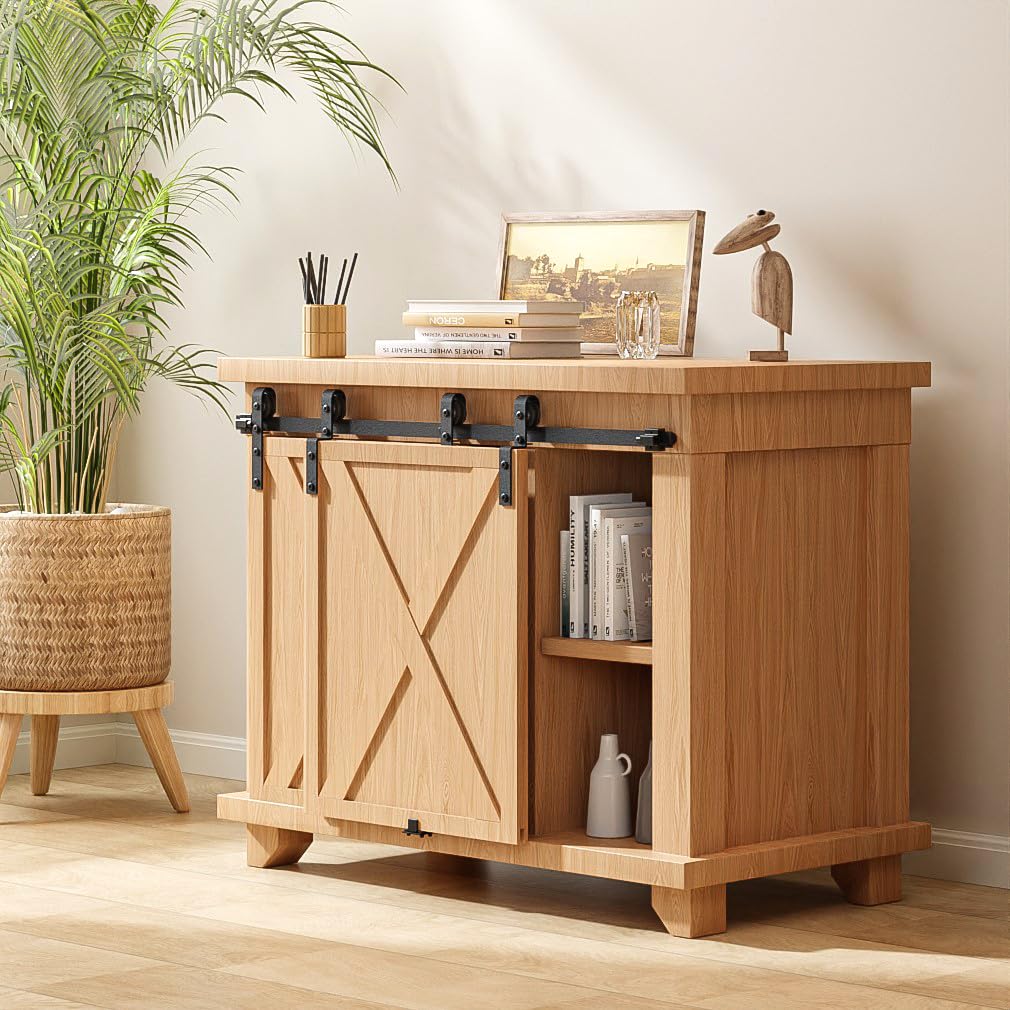 BONIKLUBA Mini Sliding Door Complete Set Sliding Door Fitting 228.7 cm Rail with Wheels Sliding Door System for Bypass Double Sliding Door Wood (No Cabinet Doors)