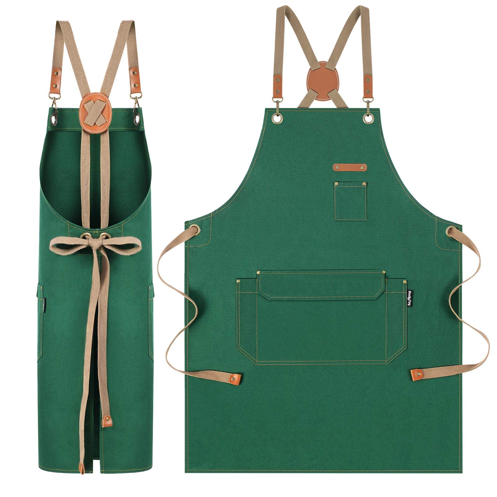 Genixart Chef Apron for Men Women with Pockets - Cross Back Kitchen Apron Cooking, Baking, BBQ, Art Painting - Cotton Canvas Work Aprons for Gardening, Restaurant, Cafe, Bar, Shop (1, Green)