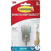Command Small Bath Hook, Holds up to 1 lb, 1 Satin Nickel Shower Hook with 2 Water Resistant Strips, Damage-Free Bathroom Organization