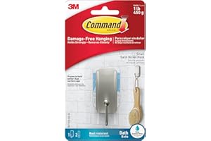 Command Bath Hook, Small, Satin Nickel, 1 Hook 2 Strips