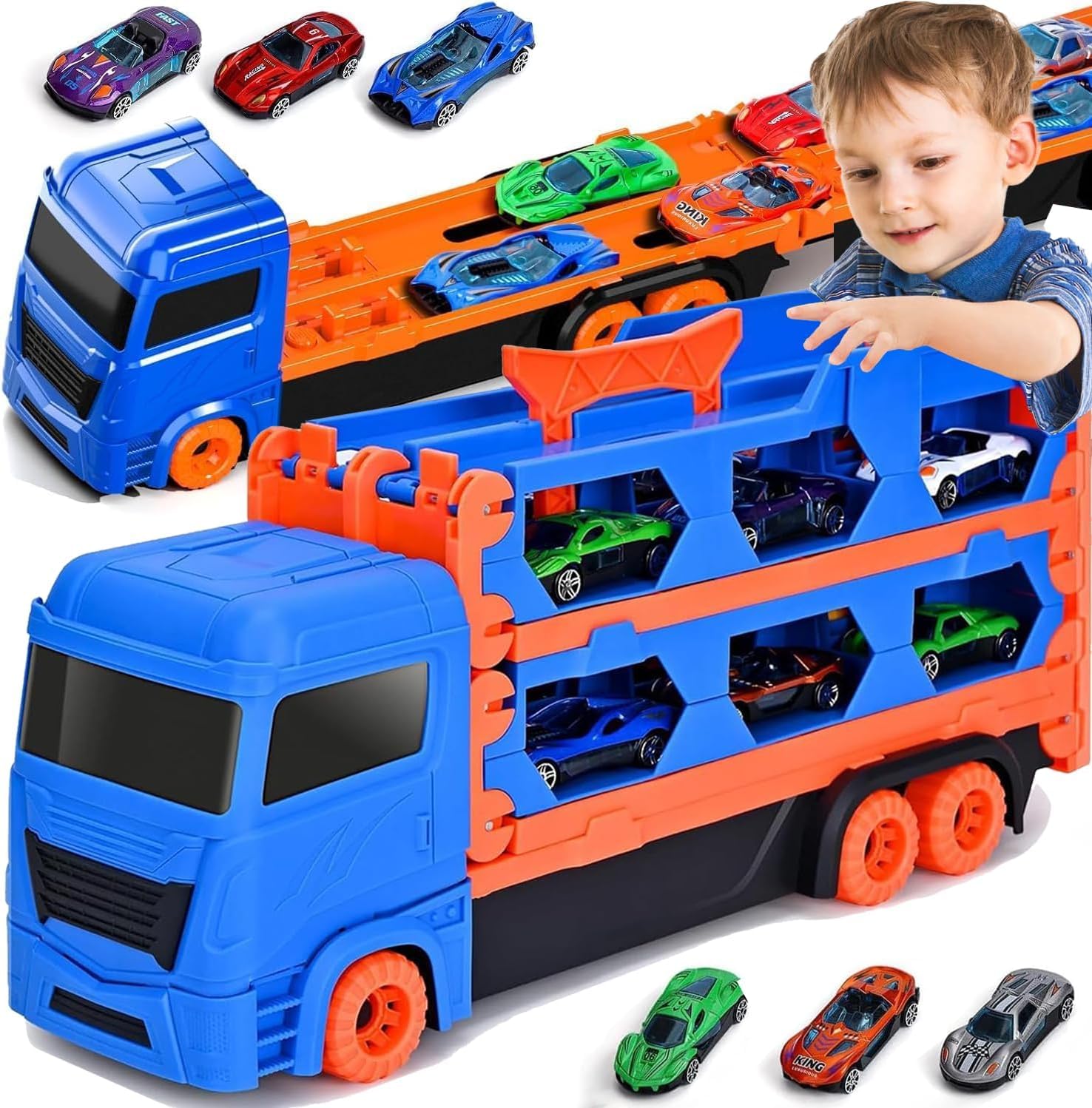 TOPLIVING Toddler Boy Toys for 2 3 4 5 6 Years Old Boy Gifts: 65 Inches Race Track for Boys Kids Die-Cast Transport Truck Car Toy, Toddler Car Toys Set for Kids Boys
