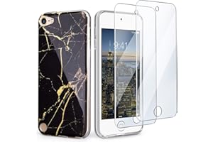 DIGINEX IDWELL iPod Touch Case with 2 Screen Protectors, iPod 7 iPod 6 iPod 5 Marble Case, Slim FIT Anti-Scratch Flexible Soft TPU Bumper Hybrid Shockproof Protective Case for iPod Touch 5/6/7th, Black Marble