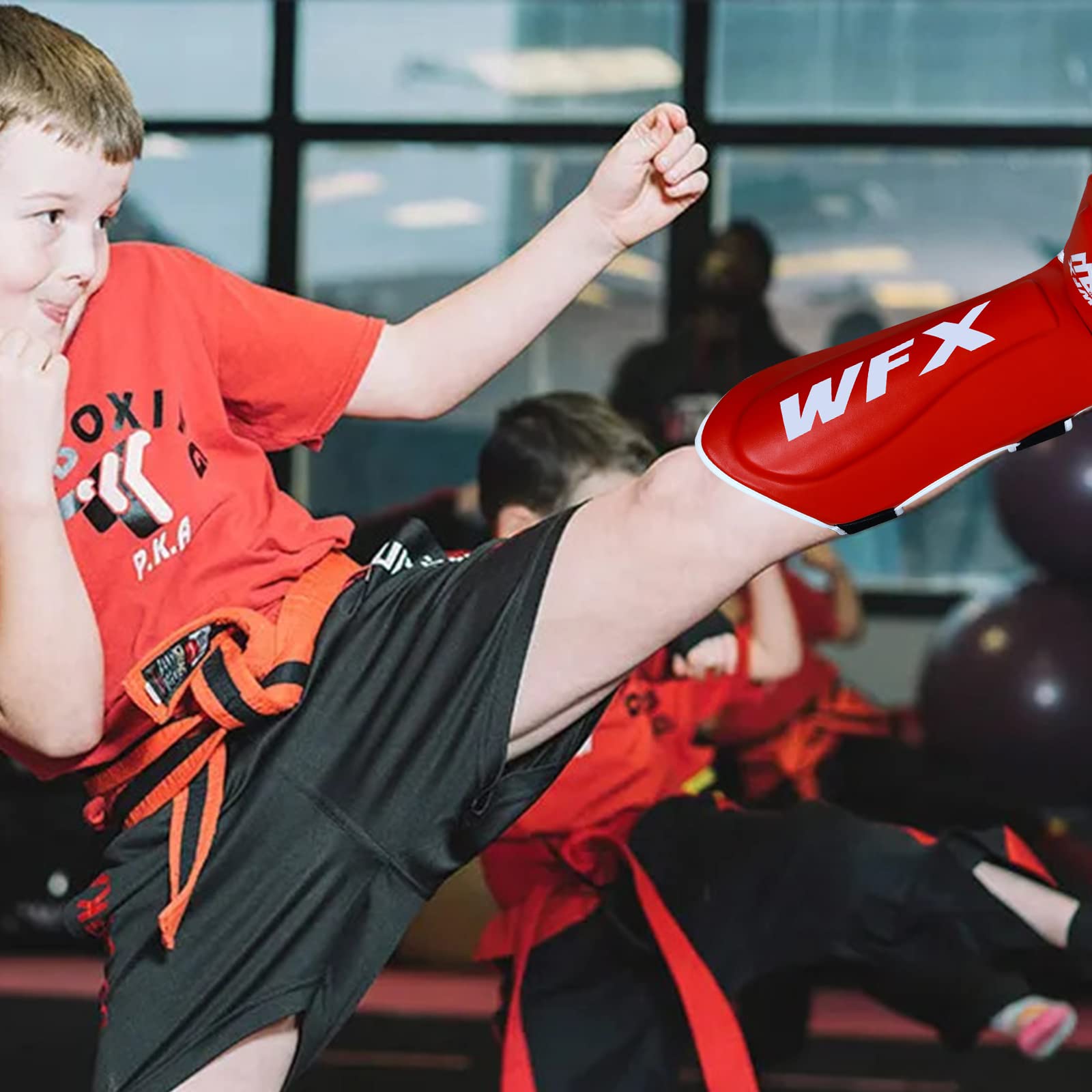 Kids Shin Instep Pads MMA Leg Foot Guards Junior Muay Thai Kick Boxing Boys and Girl Guard Protector (Red)