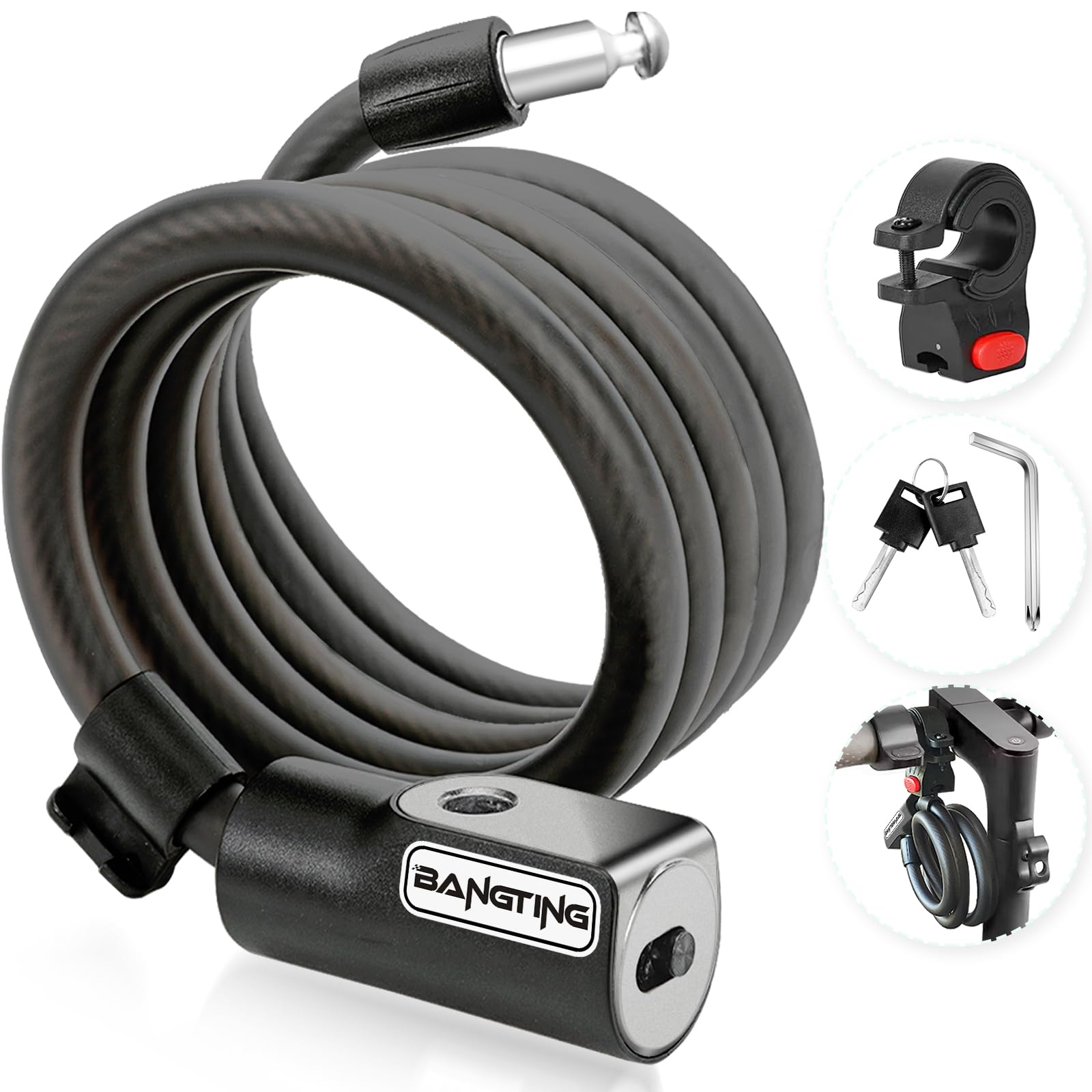 BANGTING 4 Feet Electric Scooter Bike Lock with Mounting Bracket & 2 Keys - 12mm Thick Heavy Duty Keyed Cable Lock, Anti Theft Weatherproof for E-Scooter, Bicycle, Kids Bike, Ebike, Scooter, Stroller