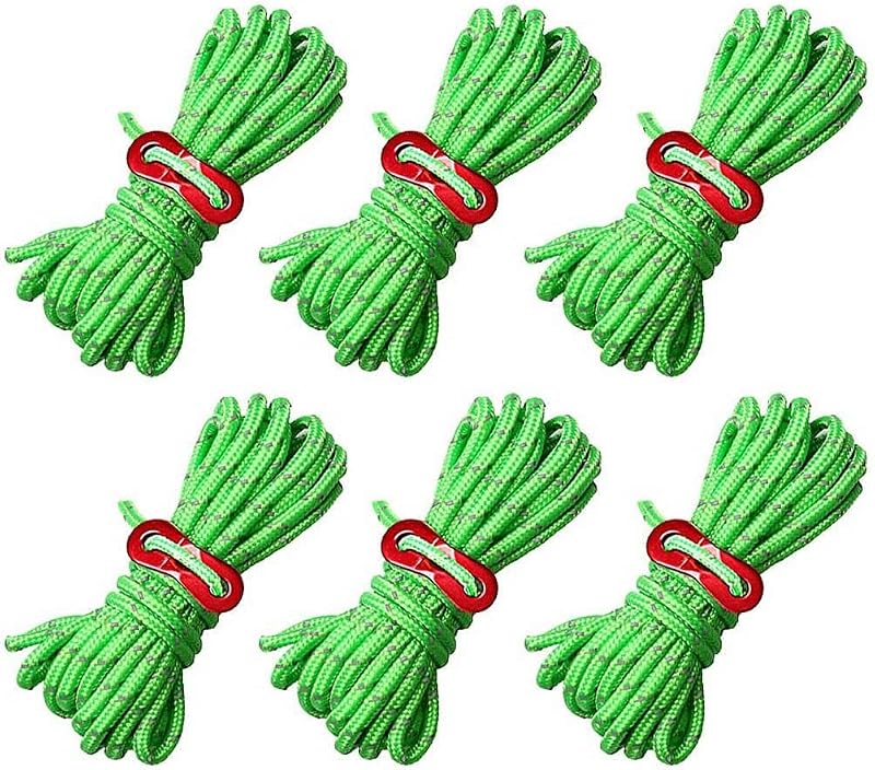 nuosen 6 Pack 4mm Tent Guy Lines 13 ft Reflective Cord Nylon Ropes Camping