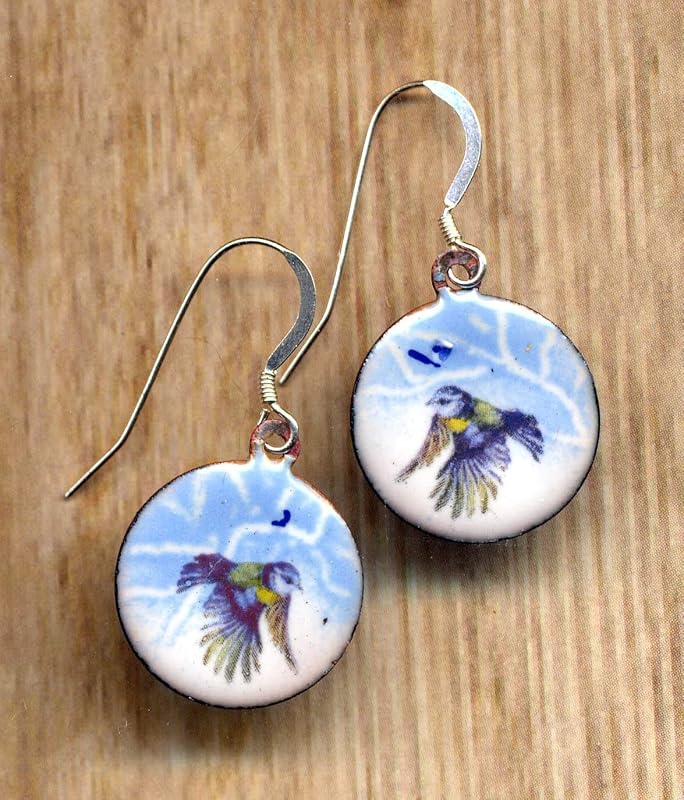 Enamel Flying Bird Earrings, Hand made Sterling Silver
